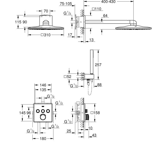 Grohe SmartControl shower system 34712000 chrome, with 3 shut-off valves, square