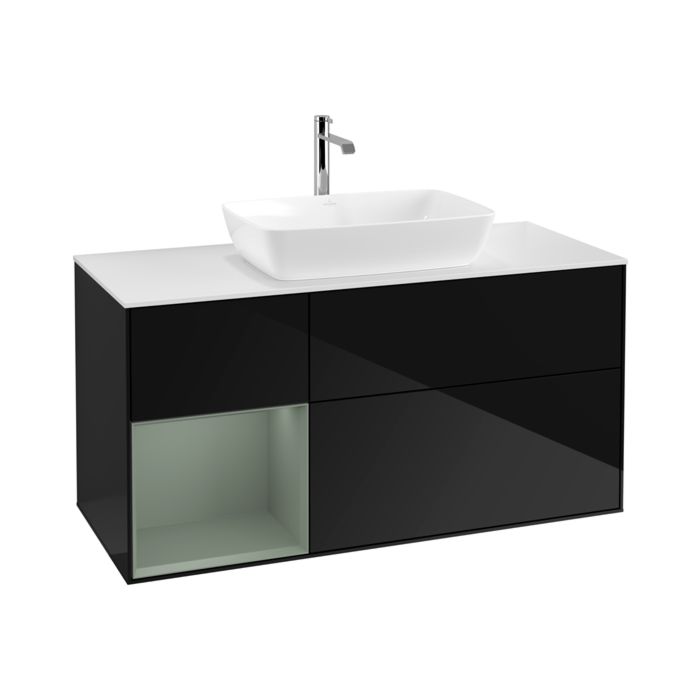 Villeroy und Boch Villeroy et Boch Finion Villeroy et Boch F821GMPH 120cm, plaque de recouvrement blanc mat, étagères laqué olive mat, Glossy Black Lacquer