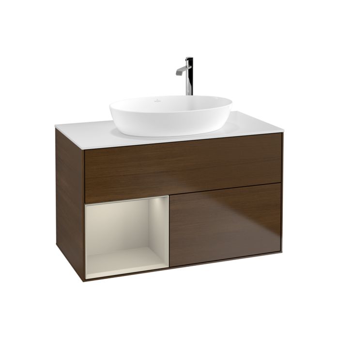 Villeroy und Boch Villeroy et Boch Finion Villeroy et Boch F891HHGN 100cm, plateau blanc mat, étagères laquées mat, placage noyer