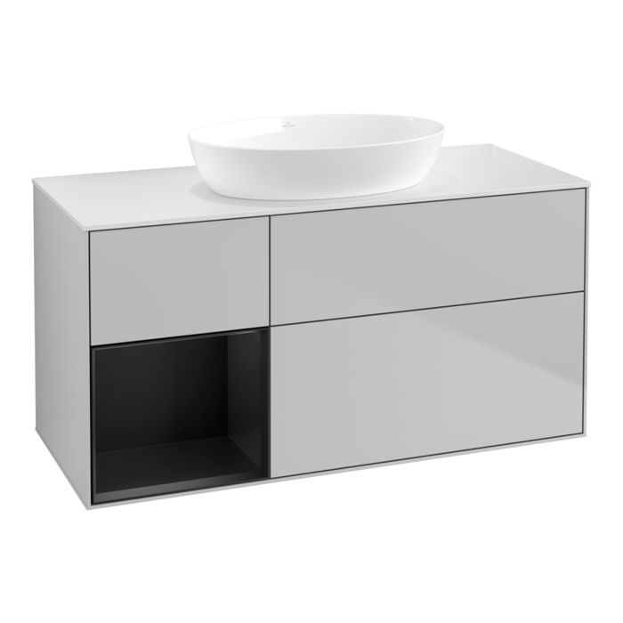 Villeroy und Boch Villeroy et Boch Finion Villeroy et Boch FA61PDGJ 120cm, plaque de recouvrement blanc mat, étagères laqué noir mat, gris clair mat