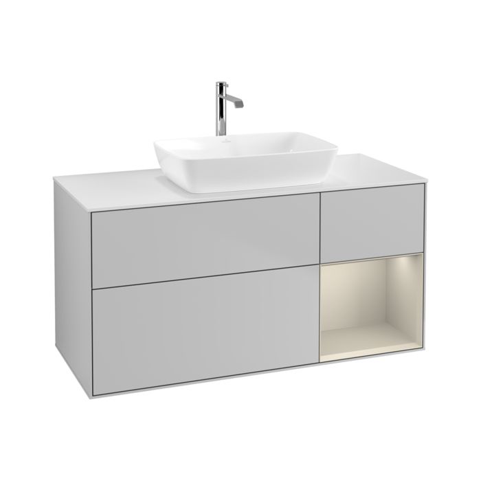 Villeroy und Boch Villeroy et Boch Finion Villeroy et Boch G831HHGJ 120cm, plaque de recouvrement blanc mat, Emotion, étagères sable laqué mat, gris clair mat
