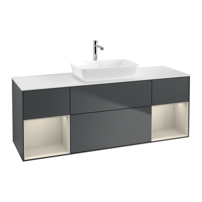 Villeroy und Boch Villeroy et Boch Finion Villeroy et Boch G861HHHG 160cm, plaque de recouvrement blanc mat, Emotion, étagères sable laqué mat, Midnight Blue Matt Lacquer