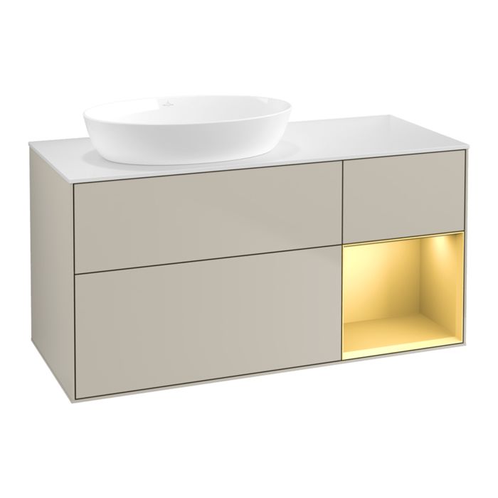 Villeroy und Boch Villeroy et Boch Finion Villeroy et Boch GA51HFHH 120cm, plaque de recouvrement blanc mat, Emotion, étagères laqué mat or, Sand Matt Lacquer