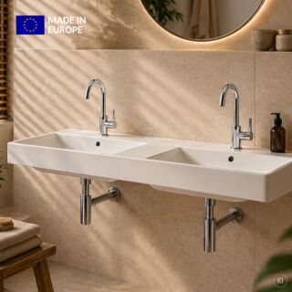 CARLDIX x LAUFEN Double vasque 120 cm A91003012001  avec tablette, Blanc, 1200 x 460 mm, avec 2 per&ccedil;ages pour robinetterie et trop-pleins