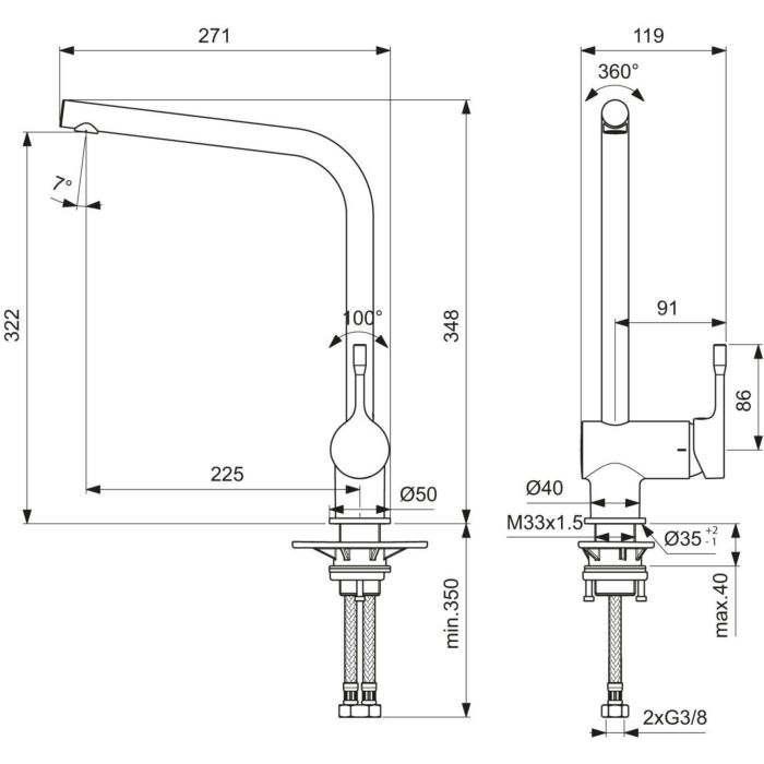 Ideal Standard Ceralook Kitchen Faucet Bc174aa With High Spout Projection 225 Mm Chrome Plated