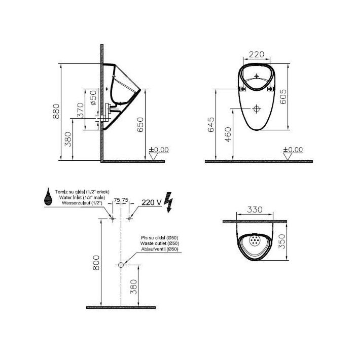 Vitra Plural Urinal 7808B083-5331 33x34,5x60,5cm, Netz 230 V 