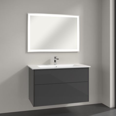 Villeroy & Boch Finero Badmöbel Set 100 cm Glossy Grey Waschtisch mit Unterschrank und Spiegel