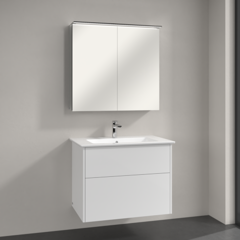 Villeroy & Boch Finero Badmöbel Set 80 cm, Glossy White Waschtisch mit Unterschrank und Spiegelschrank