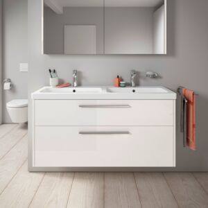 Duravit D-Code double vanity unit DC4674010220000 , chrome handle, white high gloss, wall-mounted, 2 drawers, 1184x555x460 mm