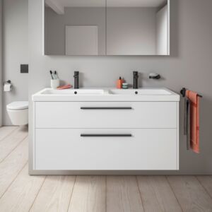 Duravit D-Code double vanity unit DC46740BD180000 , handle diamond black, white matt, wall-mounted, drawers 2, 1184x555x460 mm