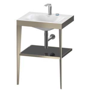 Duravit XViu washbasin combination XV4714EB140 60 x48 cm, 2 tap holes, black high-gloss, with metal console, matt champagne