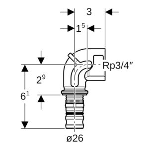 Geberit transition bend 603257005 Ø 26 mm x Rp 3/4, 90°, with female thread, red brass