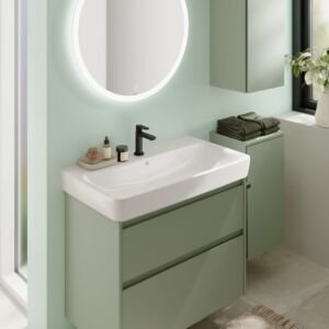 Meuble-lavabo Geberit Renova Plan 504030IK1, 2 tiroirs, structure/façade vert sauge, finition laquée satinée, largeur 79,4 cm