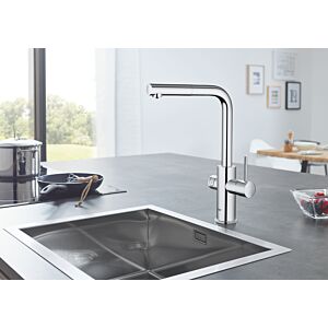 Grohe Blue Home single lever kitchen tap 31539000 chrome, L-spout starter kit, pull-out mousseur spout