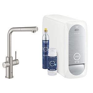 Grohe Blue Home mitigeur de cuisine 31539DC0 Supersteel, kit de démarrage bec en L, bec mousseur coulissant