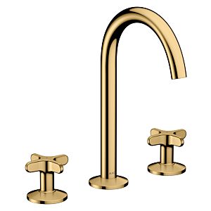 hansgrohe AXOR One 3-hole basin mixer 170 48040990 projection 140 mm, with push-open waste set, with cross handle, polished gold optic