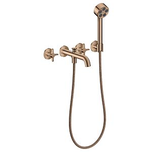 Mitigeur bain/douche 3 trous hansgrohe AXOR One 48443300 encastré, saillie 220 mm, avec douchette à main, avec poignée croisillon, or rouge poli