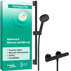 Système de douche Hansgrohe Activera Select S 28876670 apparent, économie d&#39;eau, avec Ecostat Fine et barre de douche 65 cm, noir mat