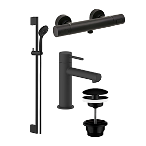 Herzbach Deep Black Duscharmaturen Set Brausearmatur, Wandstangenset, WT-Armatur, Ablaufventil