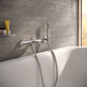 Ensemble de bain Herzbach Design iX 17.914000.1.09 1250 mm, support de cône, douchette, flexible de douche, acier inoxydable brossé