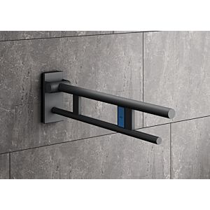 Hewi System 900 Stützklappgriff 900.50.11860SC Ausladung 700 mm, Edelstahl pulverbeschichtet dunkelgrau perlglimmer tiefmatt, links, Funk-Spülauslösung