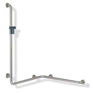 Hewi 805 barre de douche/baignoire 805.35.240L99 1250 x 762/962 mm, support de douche blanc pur, gauche, avec barre de support de douche, Inox brossé