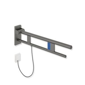Hewi System 900 support bras de projection 900.50.14460SC 850 mm, Inox mica perlé gris foncé poudré mat profond, à gauche, la version E-ras