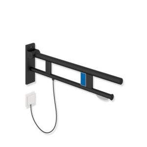 Hewi System 900 Stützklappgriff 900.50.18360DC Ausladung 700 mm, Edelstahl pulverbeschichtet schwarz tiefmatt, links