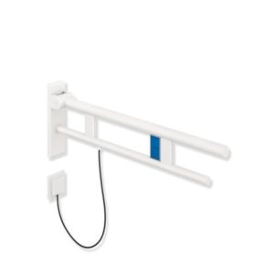 Hewi System 900 support arm 900.50.20160DX projection 850 mm, Stainless Steel powder-coated white deep matt, left, E-flush actuation