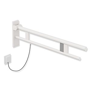 Hewi System 900 Stützklappgriff 900.50.20560DX Ausladung 850 mm, Edelstahl pulverbeschichtet weiß tiefmatt, rechts, E-Spülauslösung