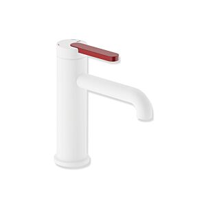 Mitigeur lavabo monocommande Hewi AQ477 AQ1.12M1146033, saillie de 130 mm, sans bonde, finition PVD blanc mat profond, poignée rouge rubis