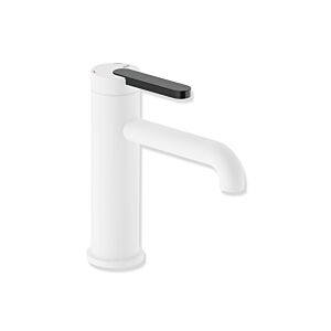 Hewi AQ477 single-lever basin mixer tap AQ1.12M1146090, 130 mm projection, white deep matt powder-coated, PVD, colored handle deep black