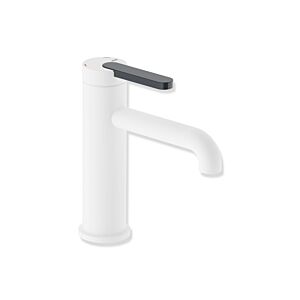 Hewi AQ477 single-lever basin mixer tap AQ1.12M1146092, 130 mm projection, deep matt white, PVD powder-coated, anthracite grey colored handle