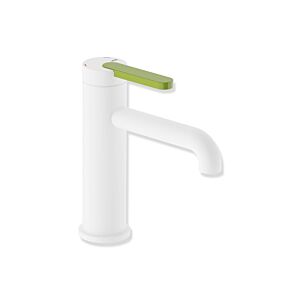 Hewi AQ477 basin mixer tap AQ1.12M1146074 without drain fitting, powder-coated deep matt white, apple green handle