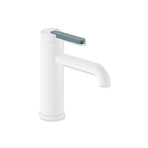 Mitigeur de lavabo Hewi AQ477 AQ1.12M1146055 sans bonde, finition peinture époxy blanc mat foncé, poignée bleu turquoise