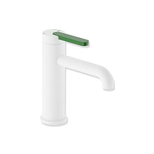 Mitigeur de lavabo Hewi AQ477 AQ1.12M1146072 sans bonde, finition peinture époxy blanc mat foncé, poignée vert clair