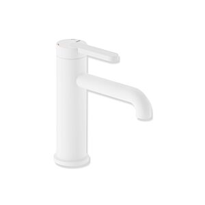 Hewi AQ477 single-lever basin mixer tap AQ1.12M1146098, 130 mm projection, deep matt white powder-coated, PVD, colored handle signal white
