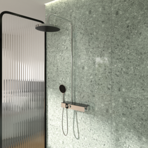 Ideal Standard Solos shower system A7880AA with exposed Ceratherm Navigo® shower thermostat with shelf, 3-function hand shower, chrome