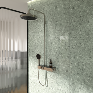 Ideal Standard Solos Duschsystem A7883GN mit Aufputz-Brausethermostat Ceratherm Navigo® mit Ablage, Kopfbrause mit LED-Leuchtring, 3-Funktions-Hand- & Kopfbraus, Silver Storm