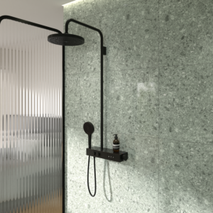 Ideal Standard Solos shower system A7882XG with exposed Ceratherm Navigo® shower thermostat with shelf, 3-function hand and overhead shower, Silk Black