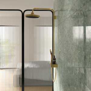 Ideal Standard Solos Duschsystem A7883A2 mit Aufputz-Brausethermostat Ceratherm Navigo® mit Ablage, Kopfbrause mit LED-Leuchtring, 3-Funktions-Hand- & Kopfbraus, Brushed Gold