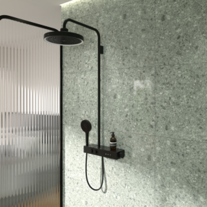 Ideal Standard Solos Duschsystem A7883XG mit Aufputz-Brausethermostat Ceratherm Navigo® mit Ablage, Kopfbrause mit LED-Leuchtring, 3-Funktions-Hand- & Kopfbraus, Silk Black