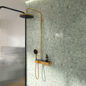 Ideal Standard Solos Duschsystem A7882A2 mit Aufputz-Brausethermostat Ceratherm Navigo® mit Ablage, 3-Funktions-Hand- & Kopfbrause, Brushed Gold