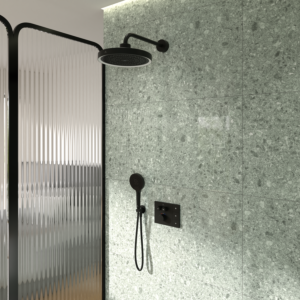 Ensemble de robinetterie Ideal Standard CeraTherm Navigo Solos A7893XG comprenant un thermostat de douche encastré avec receveur Easy-Box, une douchette Solos 3 jets, un anneau lumineux LED et une finition Noir Soie.