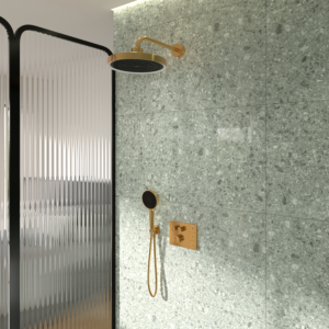 Ideal Standard CeraTherm Navigo Solos Armaturenpaket A7893A2 Brausethermostat Unterputz mit Easy-Box Unterputz-Grundkörper, Solos 3-Funktions-Kopf- und Handbrause, LED-Leuchtring, Brushed Gold