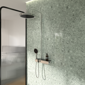 Ideal Standard Solos shower system A7881AA with exposed Ceratherm Navigo® shower thermostat with shelf, overhead shower with LED light ring, 3-function hand shower, Light Chrome