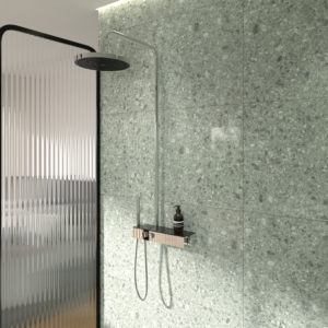 Ideal Standard Solos shower system A7884AA with exposed Ceratherm Navigo® thermostatic shower valve with shelf, hand shower and 3-function rain shower, chrome