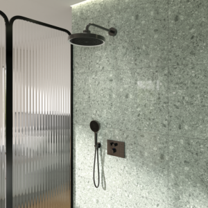 Ideal Standard CeraTherm Navigo Solos fitting package A7893A5 concealed shower thermostat with Easy-Box concealed body, Solos 3-function head and hand shower, LED light ring, Magnetic Grey