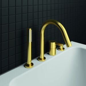Ideal Standard Joy 4-hole basin mixer BC789A2 for bathtub rim mounting, with spout, brushed gold