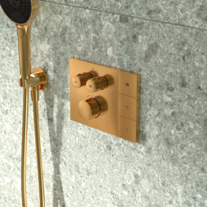 Mitigeur thermostatique encastré Ideal Standard Ceratherm avec sélecteur de douche Navigo® A7894A2 en finition or brossé ; compatible avec les pommeaux de douche Solos à commande à distance